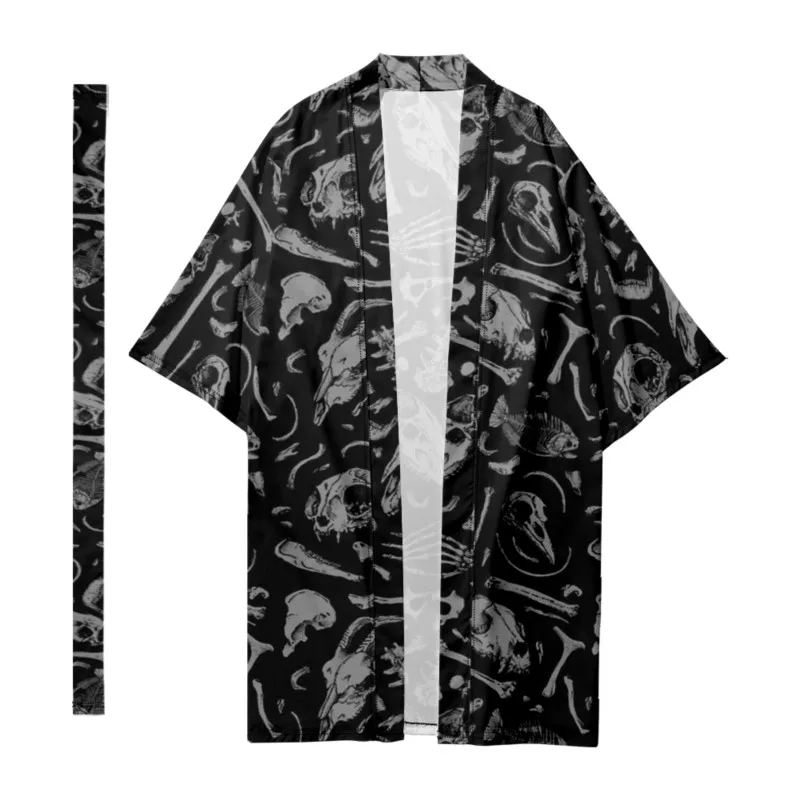 

Men's Japanese Long Kimono Traditional Gothic Skull Kimono Harajuku Cardigan Samurai Bathrobes Kimono Shirt Yukata Jacket Cloak