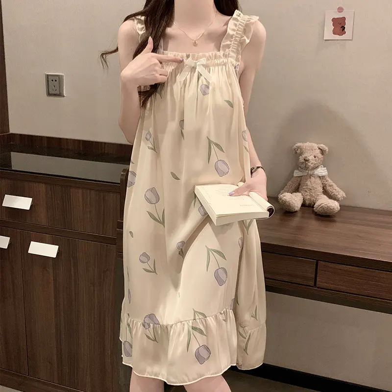 Princ Sle Ice Silk Spwear with Chest Pad Summer Sweet Home Clothes Women's Vest Nightgown Spring Autumn Floral Print