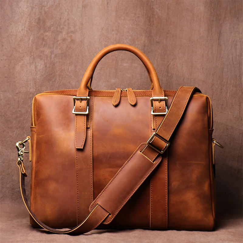 LUOKIR Vintage Crazy Horse Leather Men's Briefcase Casual Handbag Cowhide Shoulder Computer Bag Office For 15.6 Inch Laptop 2