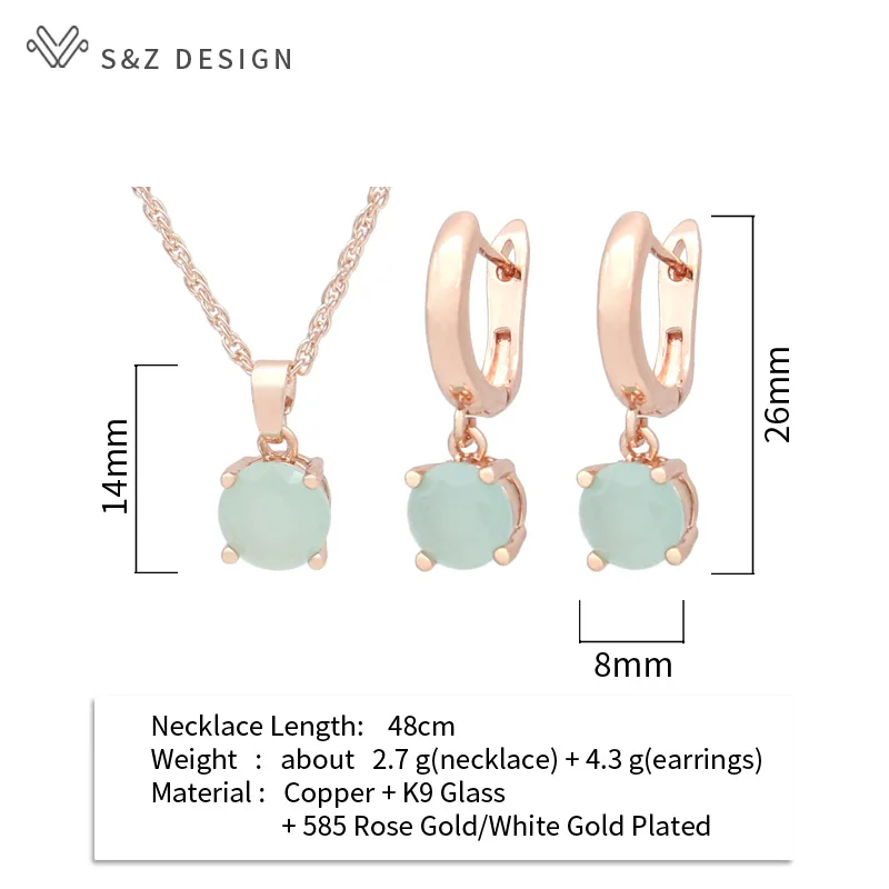 S&Z DESIGN New Fashion Round Crystal Drop Earrings Jewelry Sets For Women Wedding 585 Rose Gold Color Pendant Necklace Gift