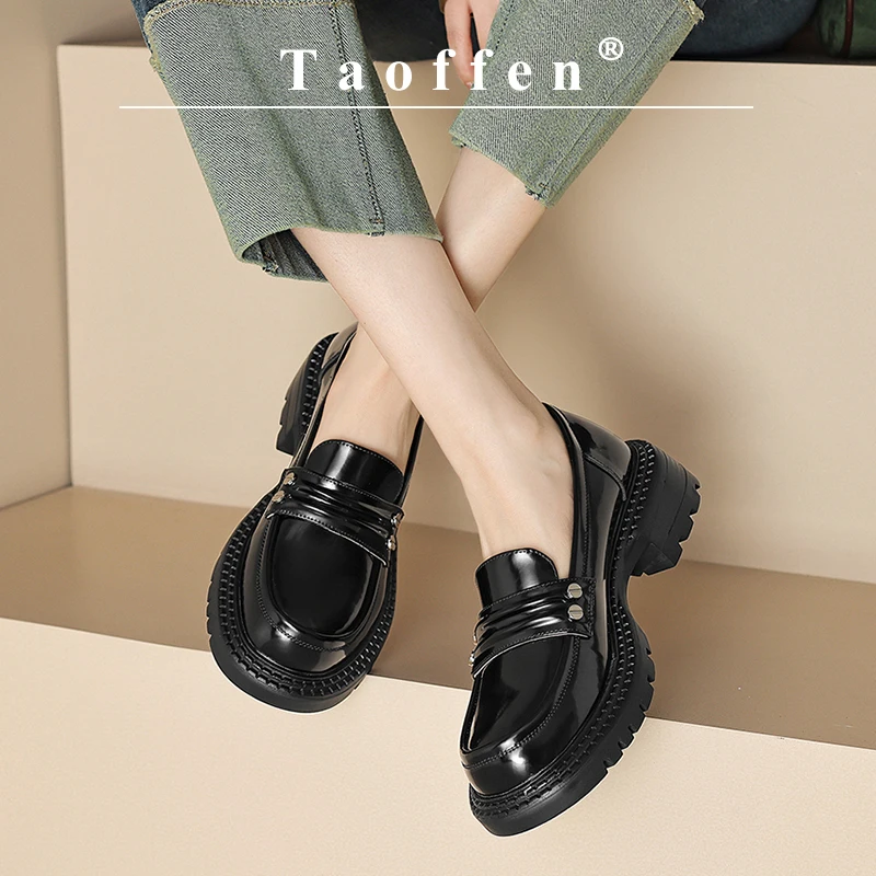 

Taoffen Large Size Loafers High Quality Platform Lug Sole Women Slip on Shoes Metal Rivet Chain Chunky Heel Office British Shoes