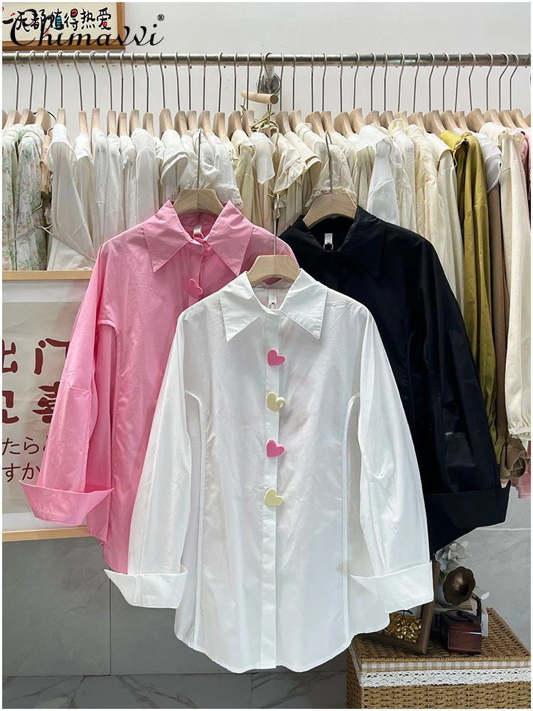 

Street Style Casual Shirt for Women 2024 Spring Embroidery Polo Collar Single-Breasted Love Button Long Sleeve Loose Blouses