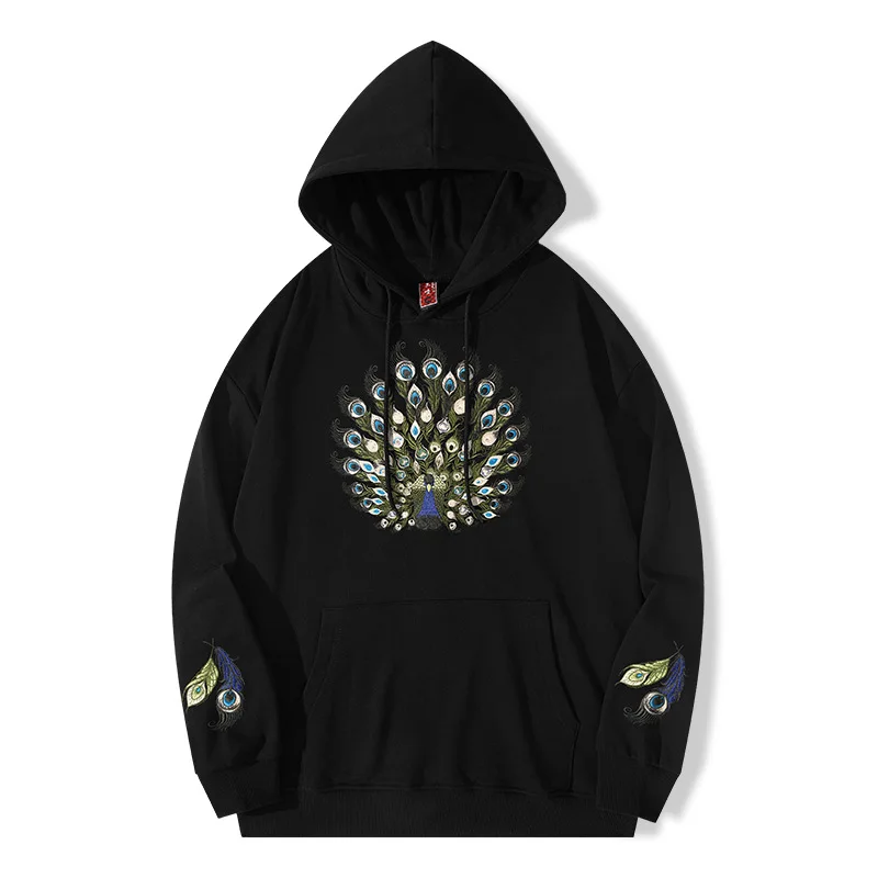 

Autumn Winter 2022 New Peacock Embroidery Hooded Sweaters Men's China-Chic Hoodies Pullovers Tops Loose Cotton Coats