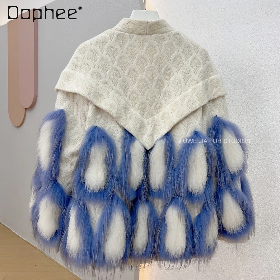 Luxury Woman Fox Fur Real Fur Coat 2023 Winter New Fashion Women's Color Contrast Patchwork Coarse Wool Mid-Length Fur Jacket