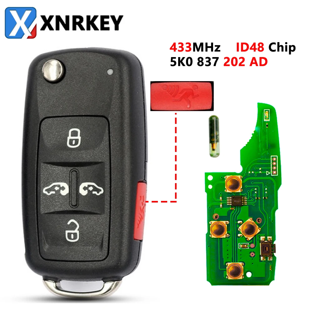 

XNRKEY 5-кнопочный автомобильный Выкидной дистанционный ключ ID48 чип 433 МГц для VW Volkswagen Sharan Multivan Caravelle сменный Автомобильный ключ 5K0837202AD