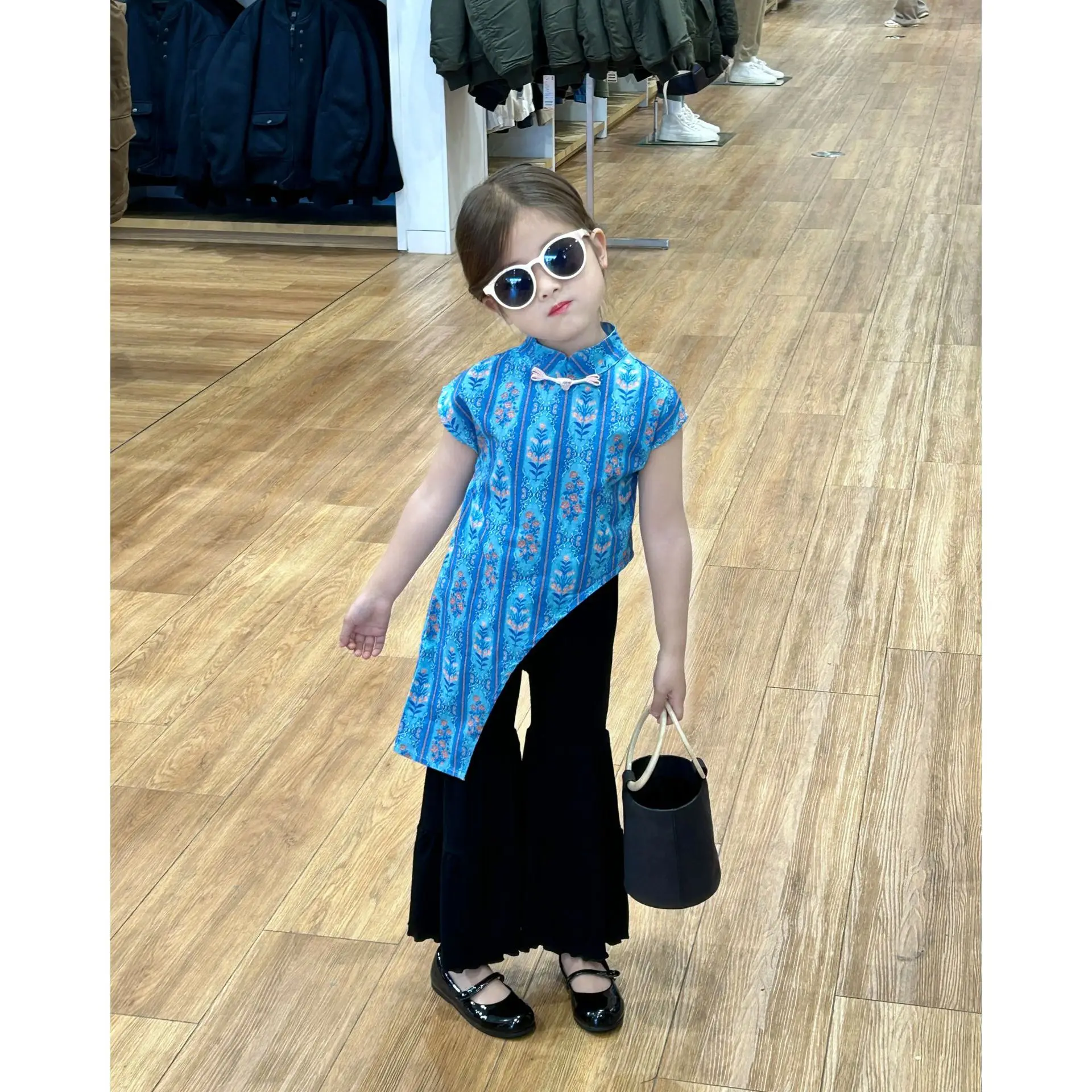 

Китайский стиль Ципао Чонсам для маленьких девочек необычный подол с цветочным принтом детская одежда с коротким рукавом для малышей от 2 до 10 лет