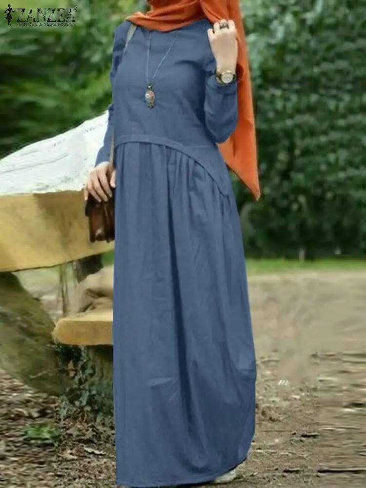  - ZANZEA Women Fashion Muslim Abaya Dress Vintage Denim Blue Maxi Sundress Robe Femme Solid Long Sleeve Ramadan Islamic Clothing
