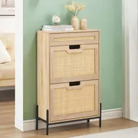 2 Flip Drawers Shoe Storage Cabinet with 1 Drawer, Rattan Shoe Organizer with Metal Legs, Shoes Cabinets 1