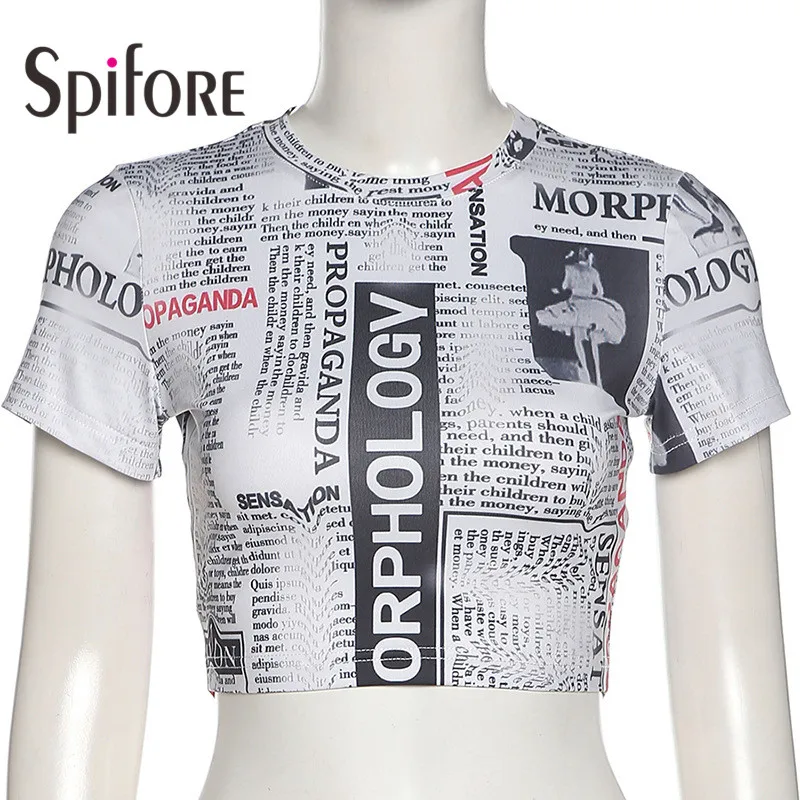 Spifore Y2K Short Sleeve Sexy Crop Top Summer Women 2022 Casual Streetwear Club Short newspaper Printed Fashion T Shirt Vintage black t shirt