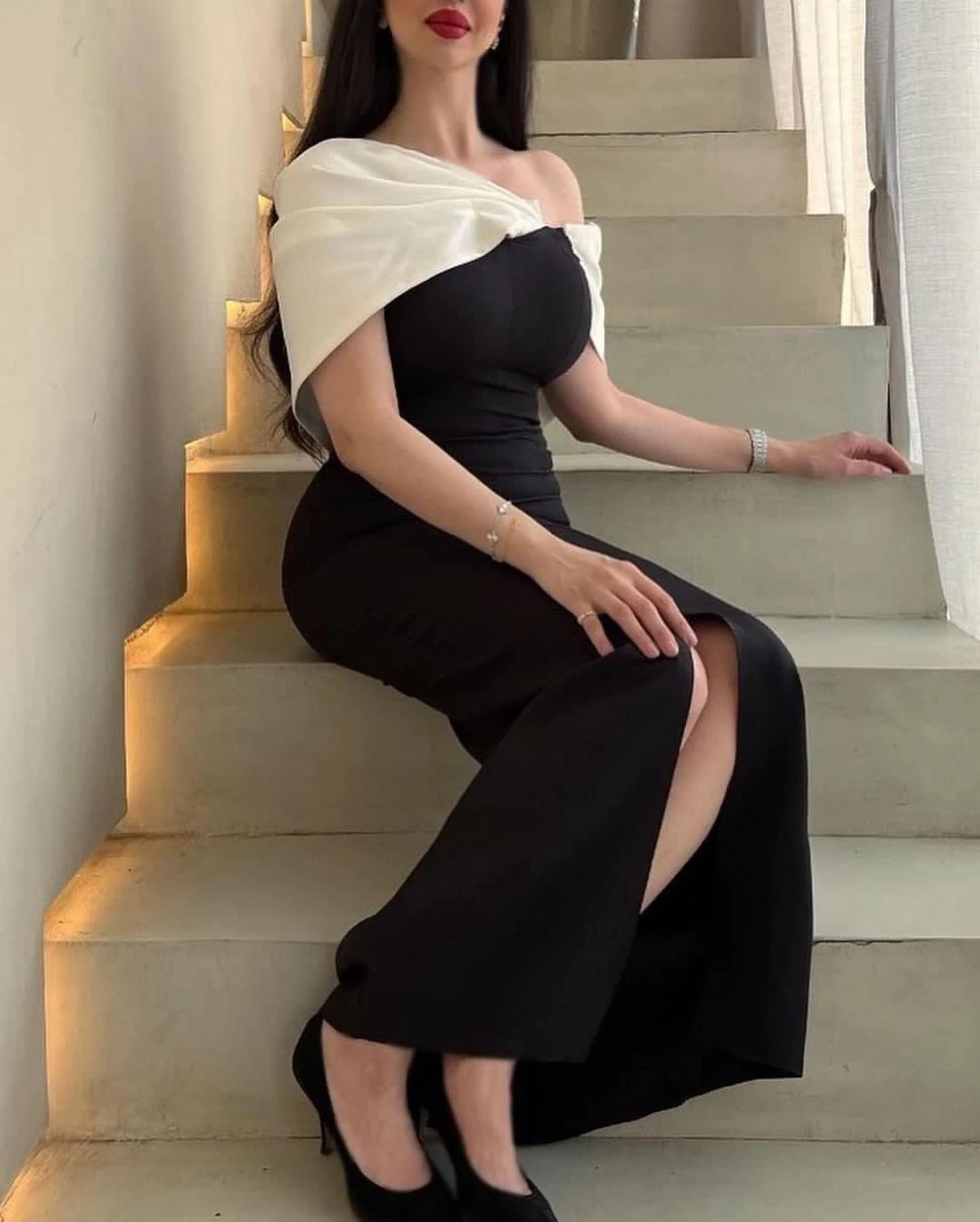 

VD Black Side Slit Mermaid Prom Dresses Contrast Color Off Shoulder Special Evening Party Gowns Zipper Back Vestidos De Noche