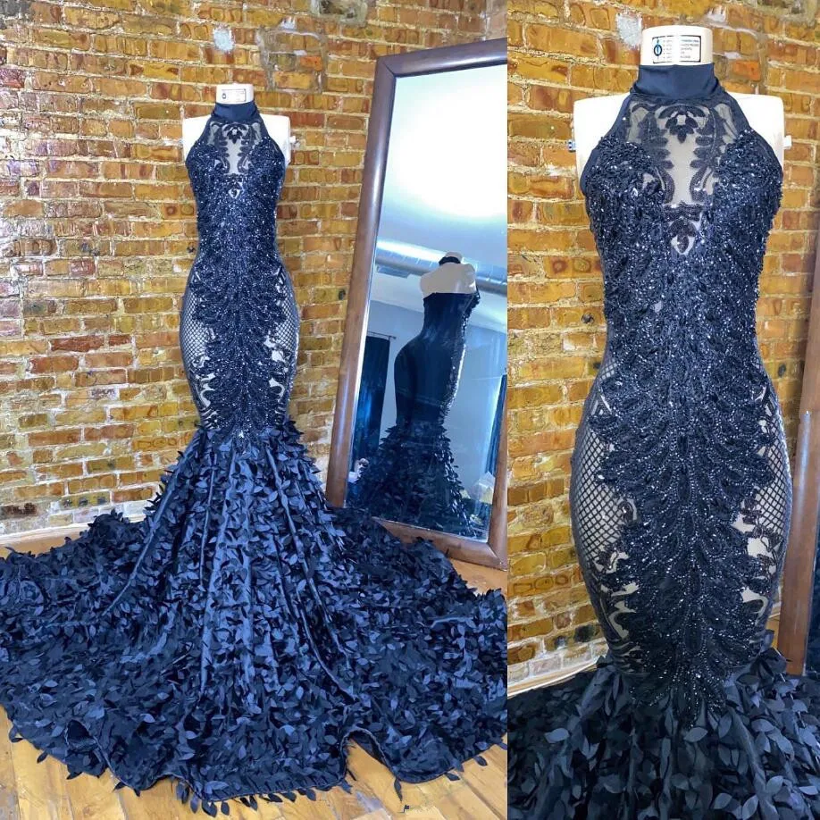 

Navy Blue Sparkly Mermaid Prom Dresses Gillter Crystal Applique Floral Evening Party Celebrity Gown robe de soirée de luxe 2024