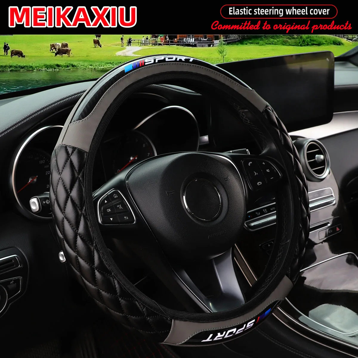 SPORT Steering Wheel Cover Crystal Carbon Fiber Embroidered PU Soft Leather for 14.5-15 Inch Car Interior Rimless