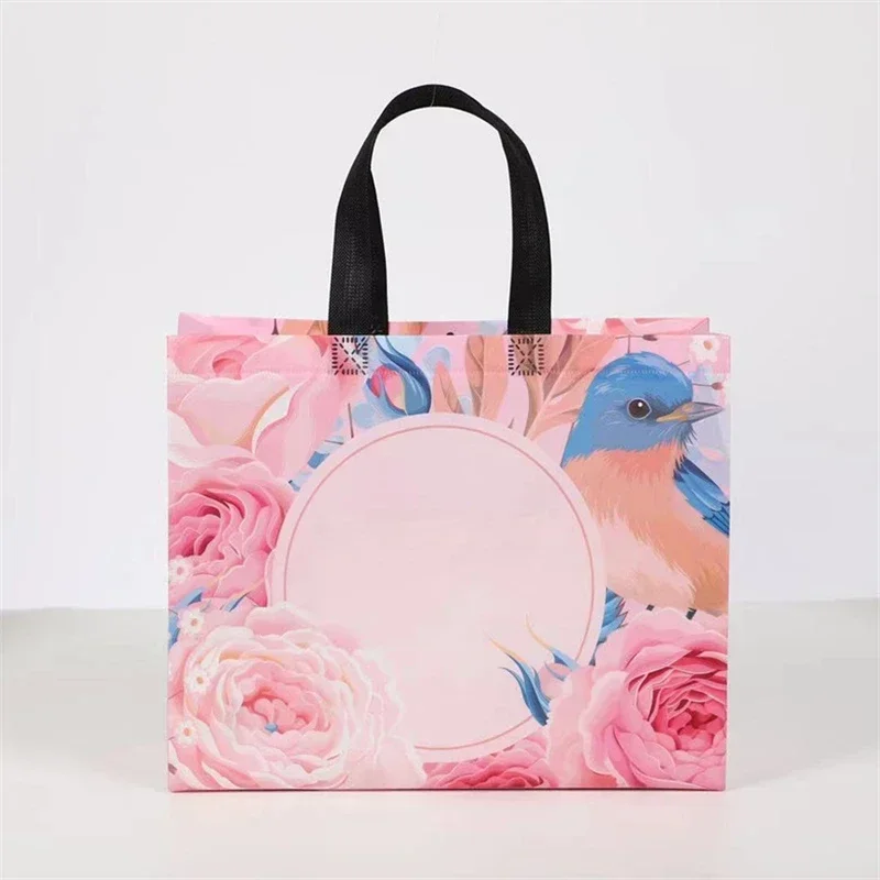 10PCS Rose Printing Packaging Shopping Bag Handle Waterproof Non Woven Fabric Gift Bags Black Clothing Store HandBag 4