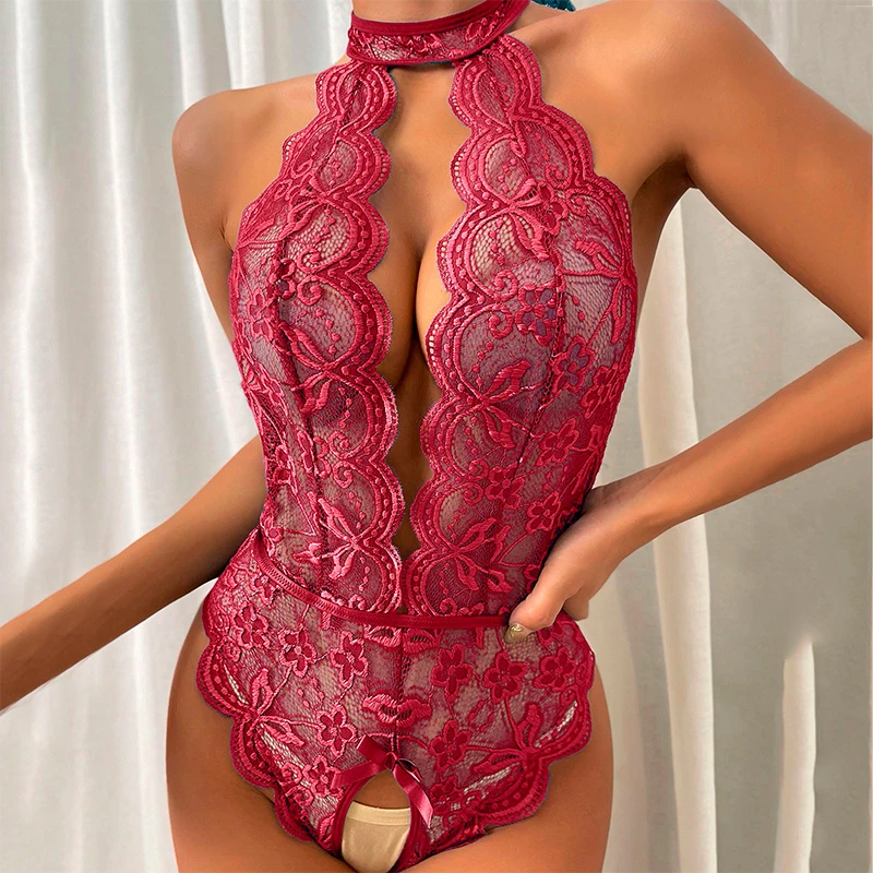 bra and brief sets New Sexy Lingerie One Piece Bodysuits For Women Erotic Role Play Costumes Lace See Through Crotchless Open Bra Underwear Dress lace bra panty set