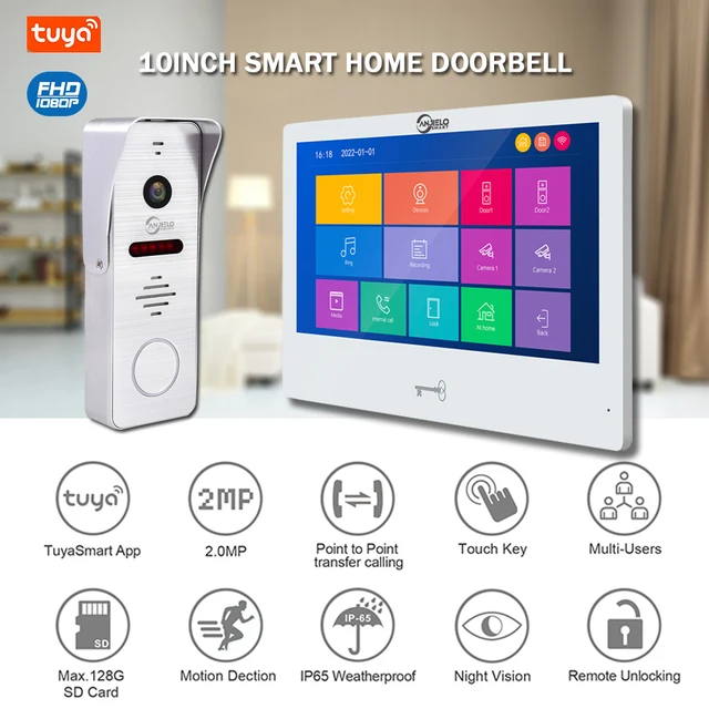 Anjielosmart Tuya 10 Inch Touch Monitor Smart Home Video Intercom System 1080P 160° Video Doorbell Camera Full Touch Monitor 5