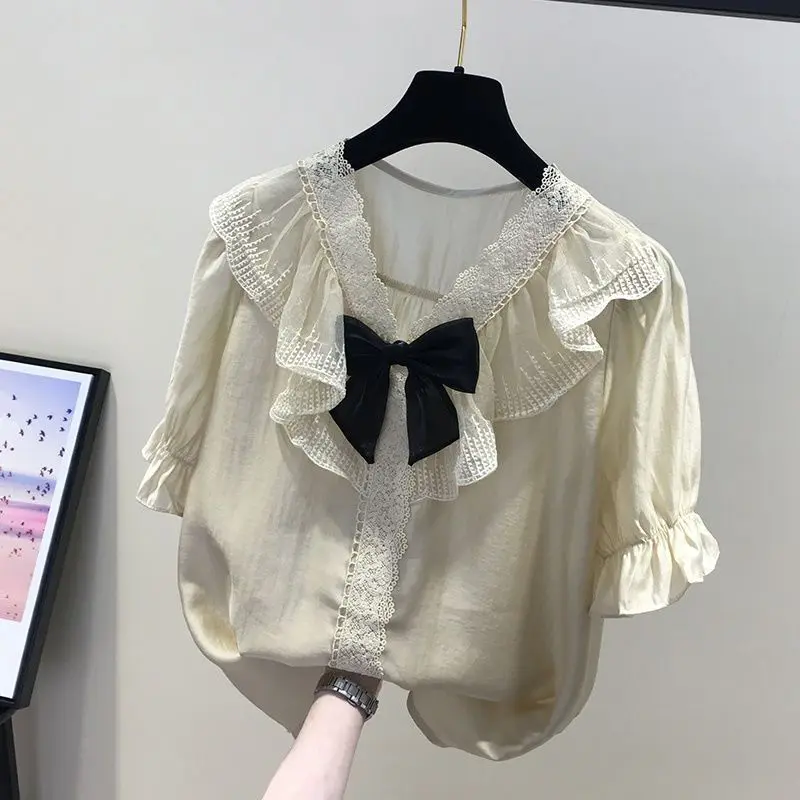 여성 프렌치 레이스 활 프릴 반팔 쉬폰 셔츠, 배를 가려주는 루즈핏 상의, 우아한 캐주얼, 여름 신상