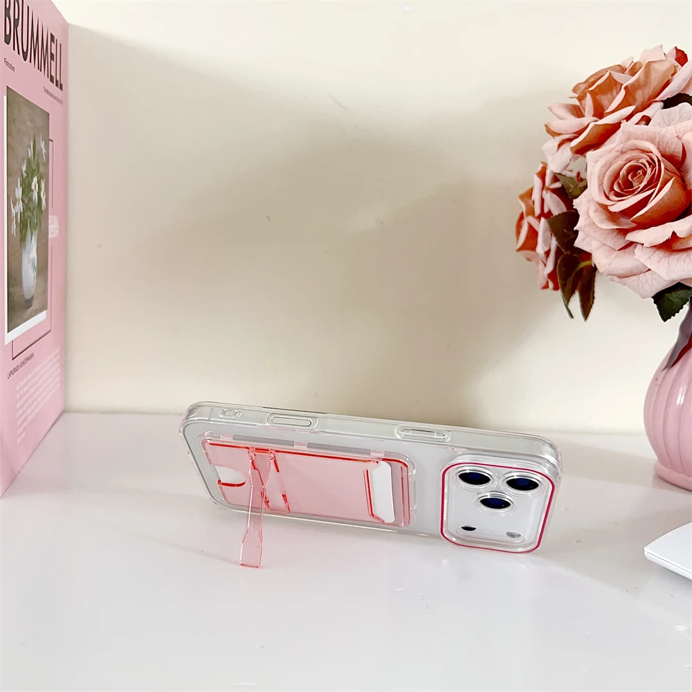 Transparent Card Holder Wallet Case with Folding Stand and Candy Color Finish