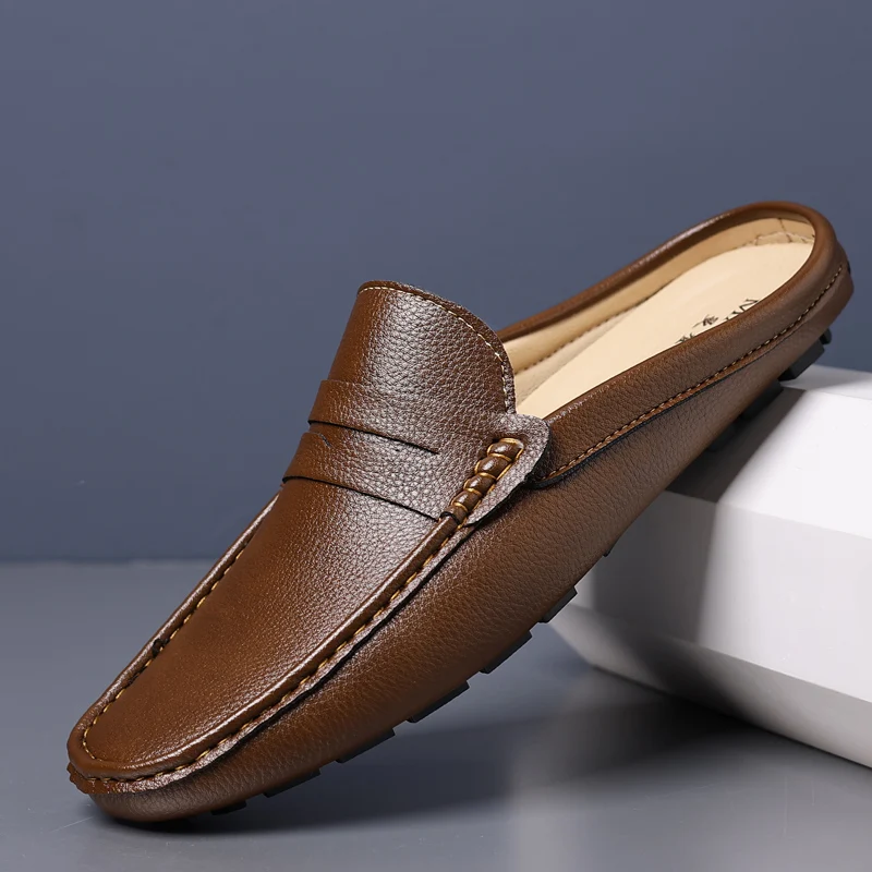 YRZL Hausschuhe, Sommer-Slip-on-Halbschuhe für Herren, Leder-Hausschuhe, lässig, atmungsaktiv, bequeme Slipper, Mokassins, Braun, Schwarz, Beige – Detail 2