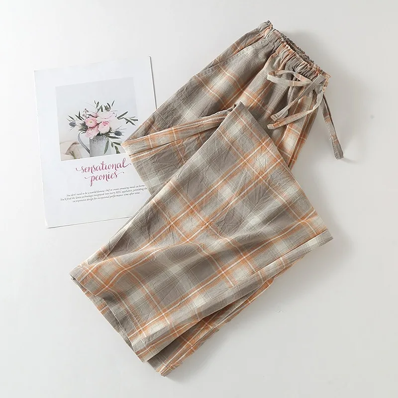 Pantaloni da pigiama da donna a quadri in cotone, pantaloni da casa comodi, traspiranti e morbidi, gamba dritta, pantaloni da notte alla moda_voghion.com