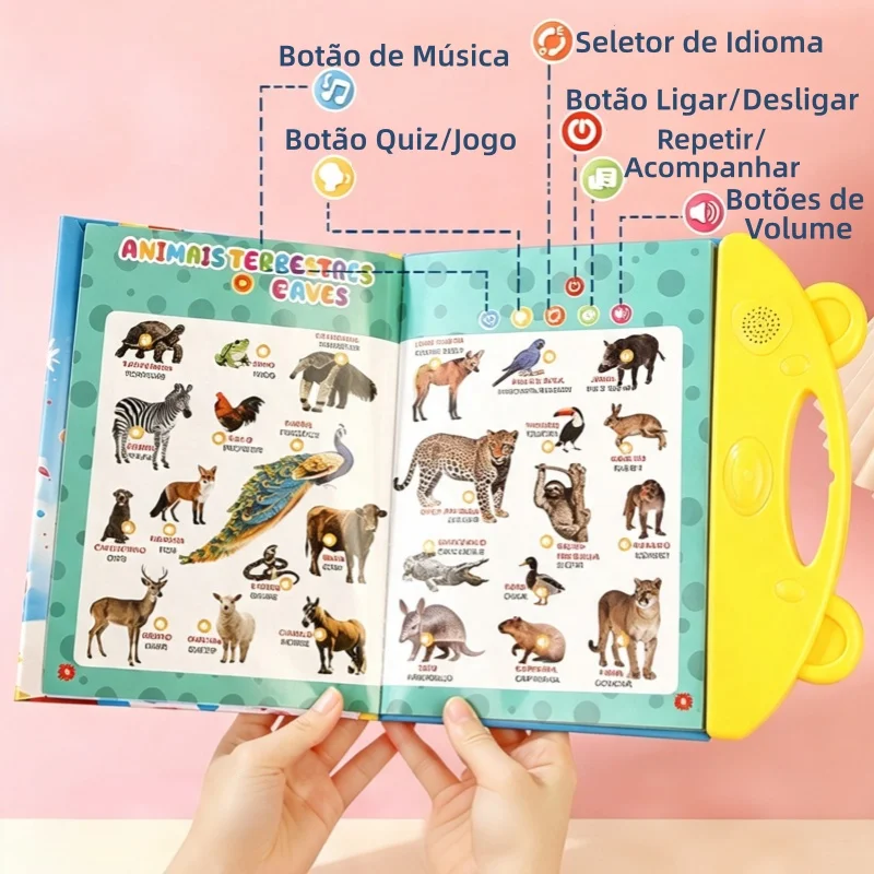 Livro aberto na página de animais, com botões de idioma e volume