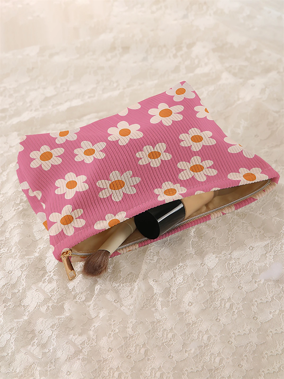1 corduroy makeup bag with floral pattern, light zipper makeup storage box, multifunctional bag with lining