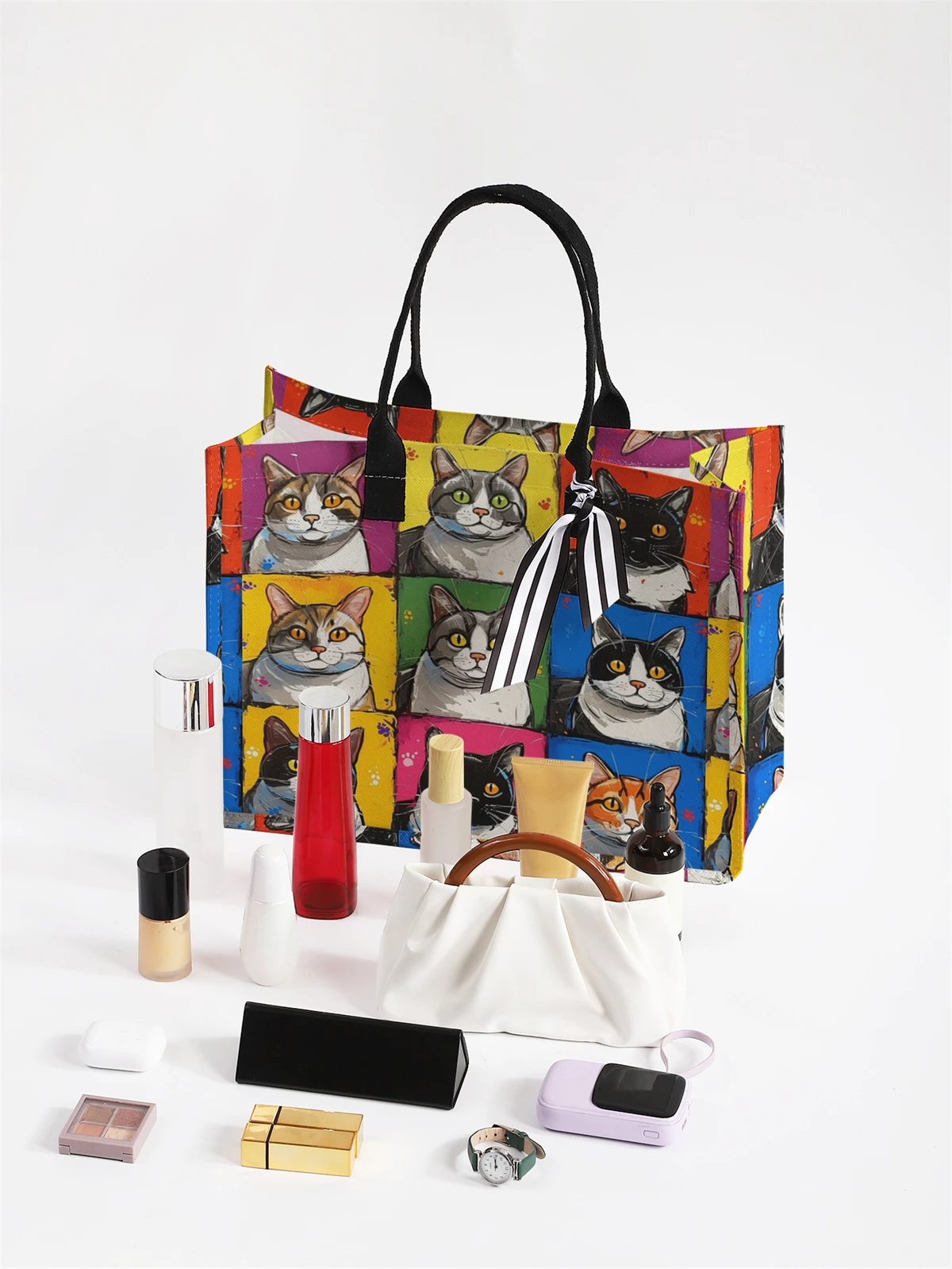 Cartoon cat pattern printed handbag, women's gift handbag, beach bag, suitable for large capacity handbags for men and women