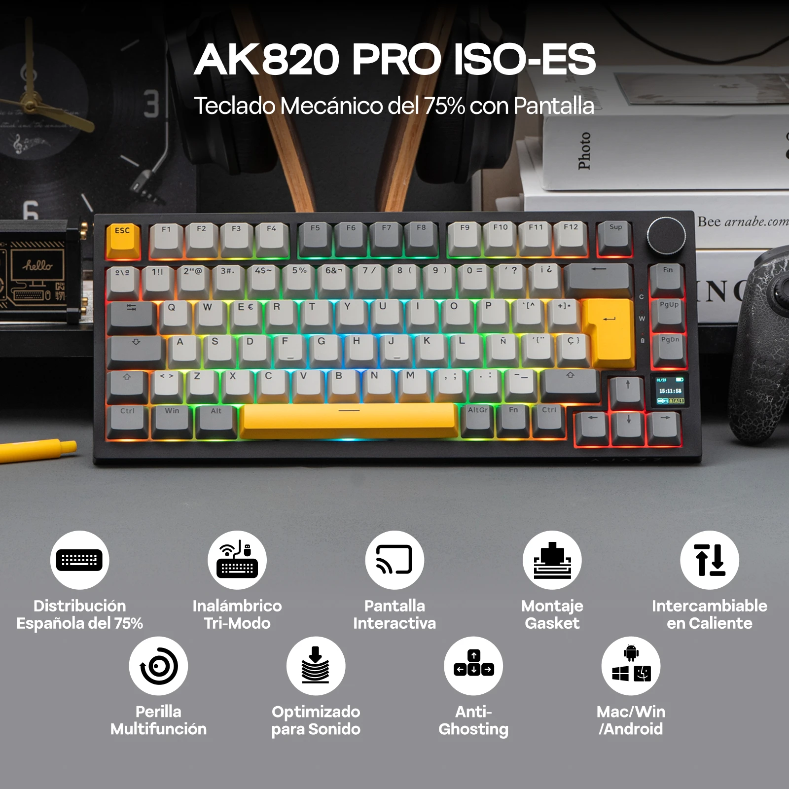 ISO-ES 레이아웃 EPOMAKER X AJAZZ AK820 PRO 75% 스페인어 레이아웃 유선/2.4GHz/BT 기계식 키보드 (스크린 및 노브 포함) PC/Mac용
