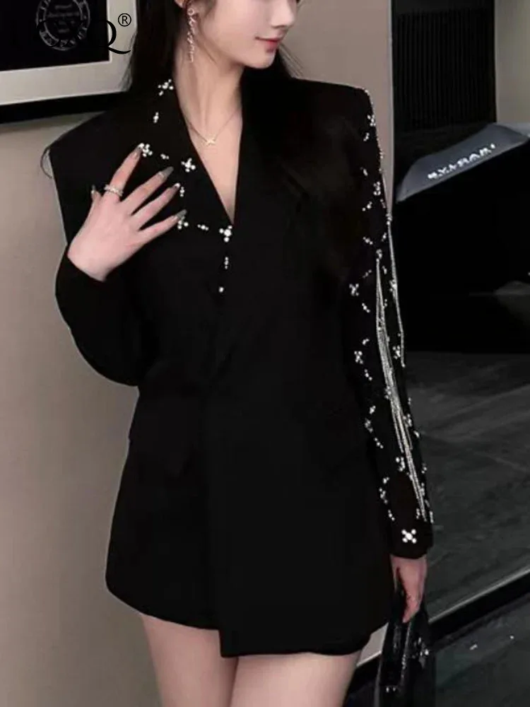 

UCXQ Korean Style Diamond Waistband Tassel Double Breasted Suit Jacket Elegant All Match Loose Caot Women 2024 Spring Autumn 105