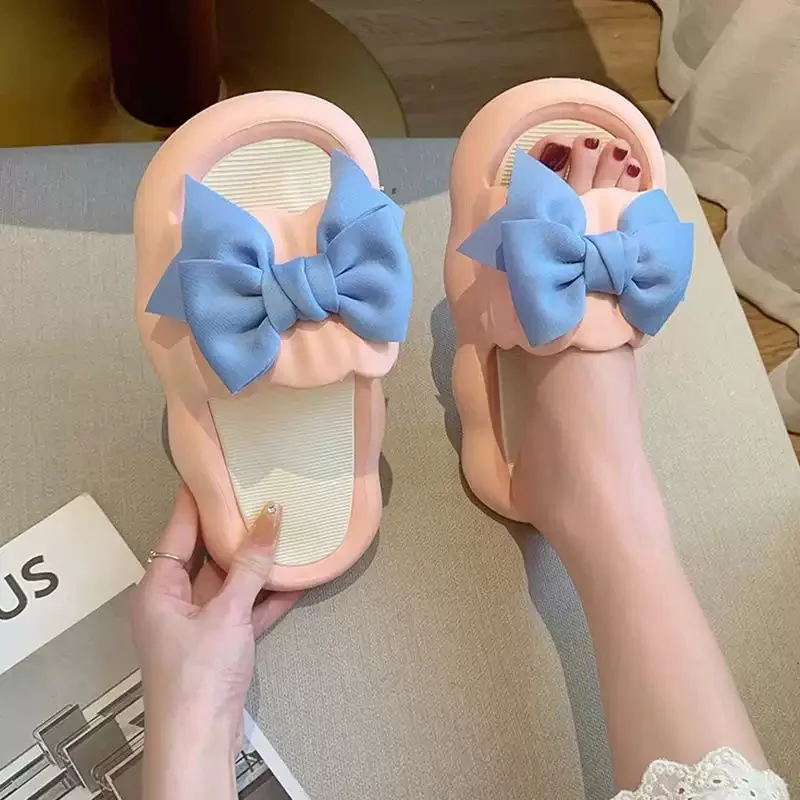 

Thick Bow Tie Slippers Women Indoor Home Sandals Couples Bathroom Slides Non-slip Soft House Slippers 2023