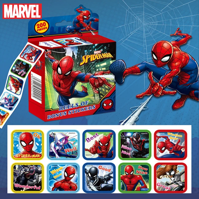 

200 Pcs/Box Marvel Spiderman Cartoon Pull Out Stickers Avengers Mickey Minnie Sticker Girl Boy Teacher Reward Toys Gift for Kids