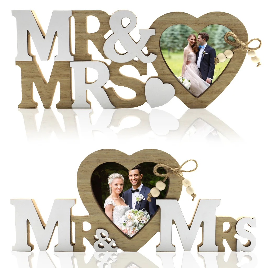 Personalized MR&MRS Wooden Heart Picture Frame Wood Tabletop Ornaments Custom Couples Photo Newlywed Gift For Wedding Display