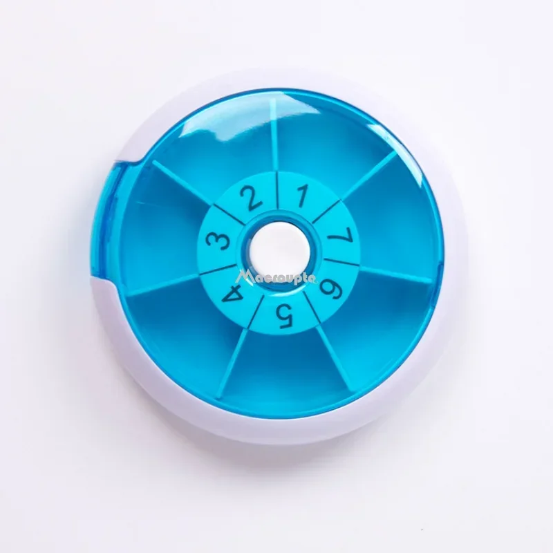Compact Blue Rotating Pill Organizer - Travel-Friendly Weekly Medicine Case