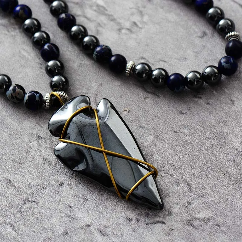 Steampunk Man Beads Necklaces Natural Stones Hematite Arrowhead Pendant Meditation Yoga Couples Lover Necklace
