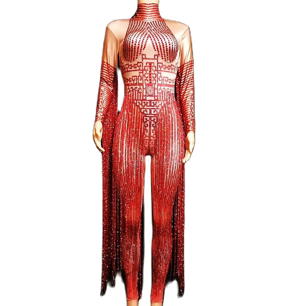 

Shining Rhinestone Red Fringe Jumpsuits Women Long Sleeve Stretch Leotard Nightclub Singer Pole Dance Stage Wear Tassel Costume