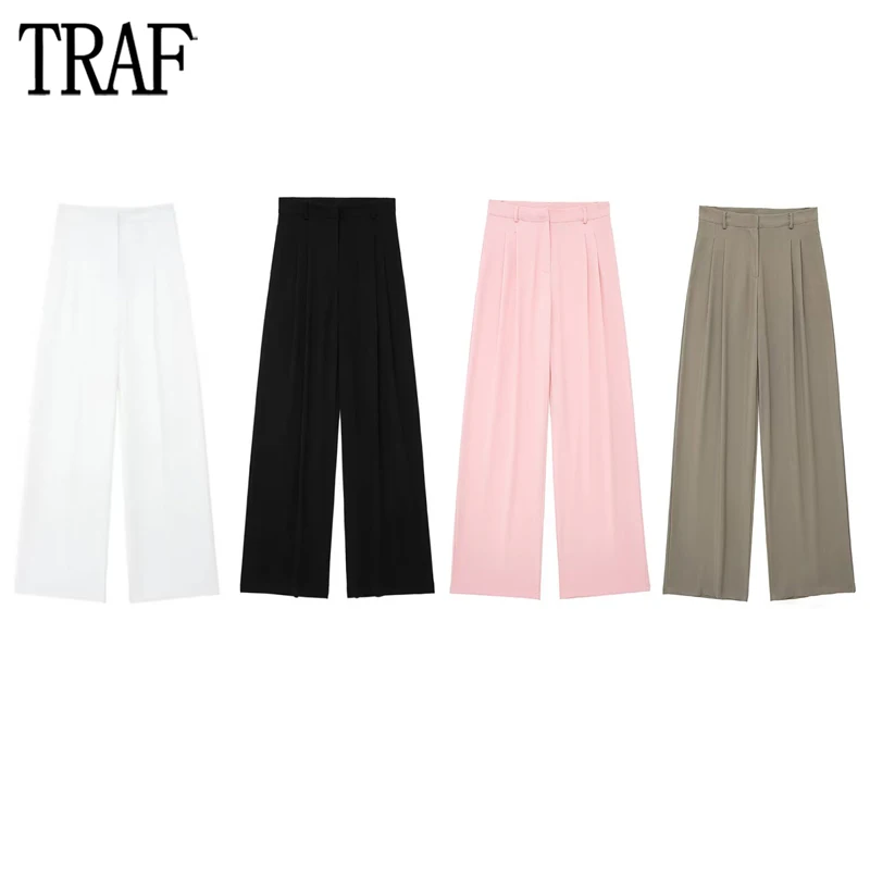 

TRAF 2024 Wide Leg for Women Pleated High Waist Pants Women Summer Office Baggy Pants Woman Streetwear Minimalist Trousers Women