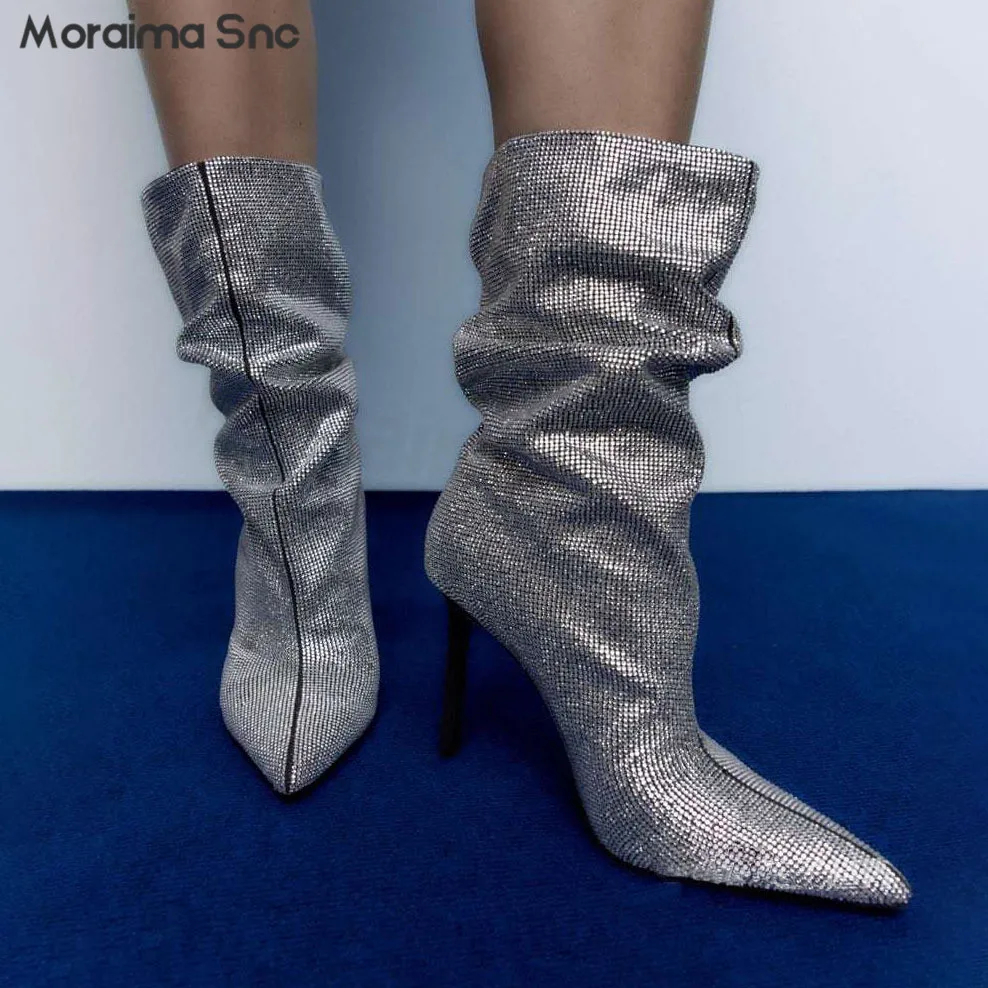 

2023 New Silver Full Drill Catwalk Mid-Tube Boots Large Size Pointed Stiletto Heels One Step Boot Fashion Fold Women's Boots