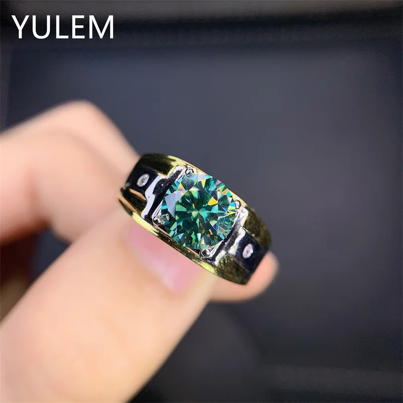 خاتم فضة للرجال من YULEM موديل 925 مع 2 قيراط مجوهرات مويسانيتي خضراء لملابس الرجال