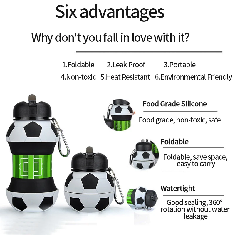 500ML/1L Football Folding Cup Basketball Fold Water Cups Portable Soccer Folding Bottle Silicone Water Cup