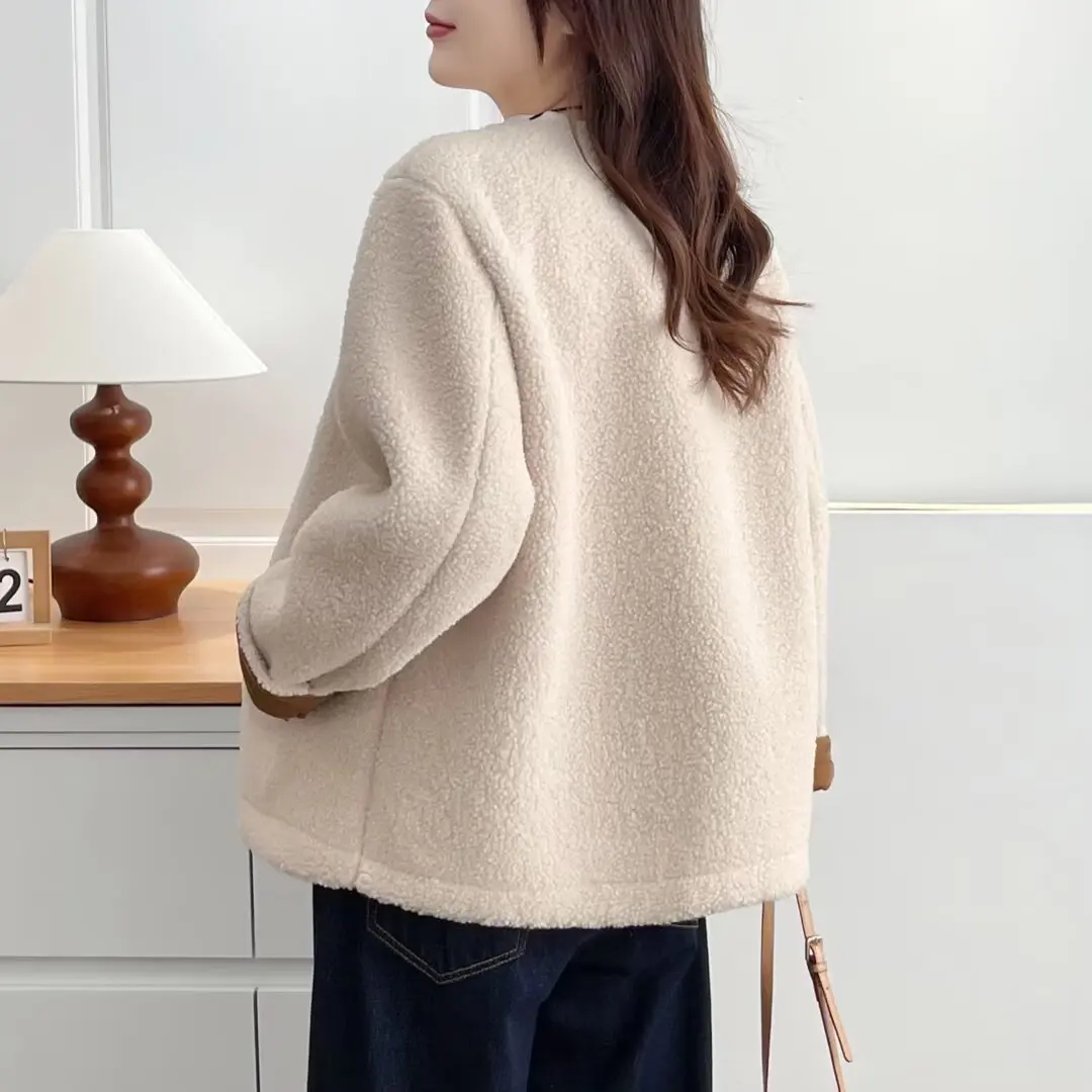 XXXXL Fashion Plus Size Women's Coat 2025 Winter New Simple Chic Style Fleece Warm Jacket Block Color Cuffs Outerwear 2589