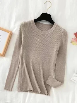 سترة نسائية شتوية محبوكة متينة برقبة دائرية موضة 2025 سترة نسائية جديدة للخريف بأكمام طويلة بلوفر أساسي 3