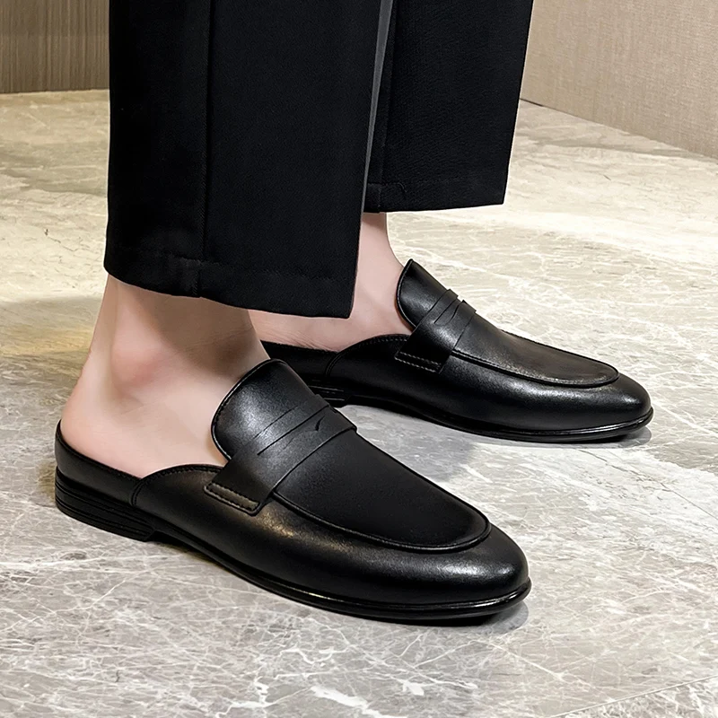 Luxury Designer Mens Half Drag Shoes For Men Casual Leather Fashion Half Shoes Mules Man Slides Loafers Slippers Male Summer 3