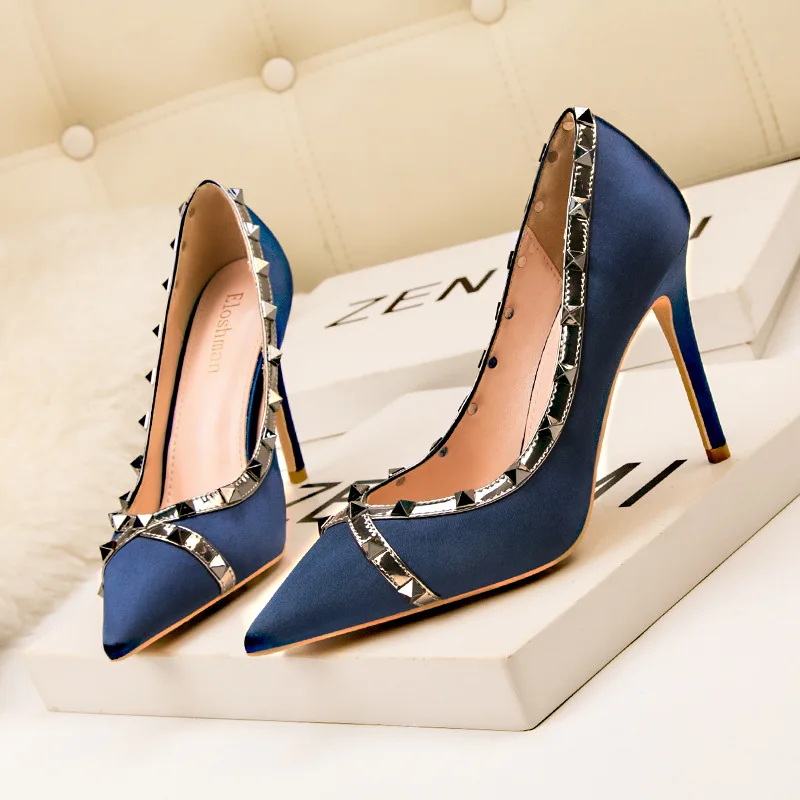 

Plus Size Retro Metal Rivets Shallow High Heels Shoes Women Soft Silk Pointed Toe Pumps Stiletto Office Lady Dress Shoes Woman