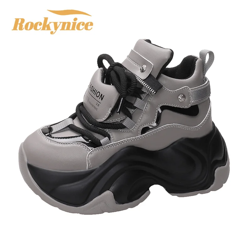 8CM Thick Bottom Chunky Sneakers 2023 New Autumn Women High Platform Sports Shoes Woman Casual Wedges Leather Dad Shoes Footwear