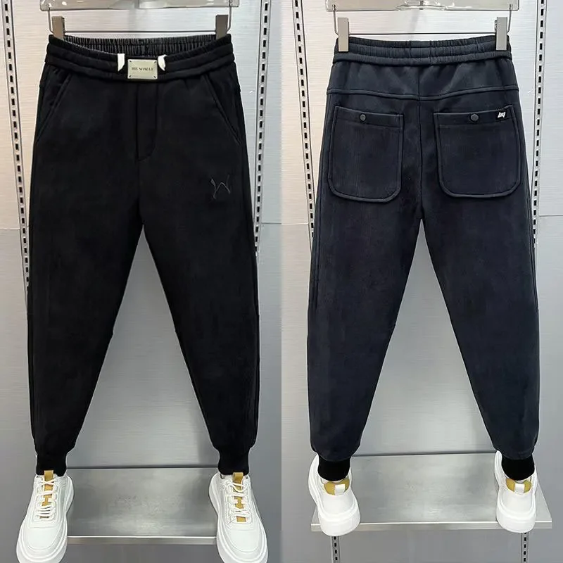Thickened Casual Pants for Men Autumn Winter Black Versatile Warm Slim Fit Sports Trousers Sweatpants High End Cuffed
