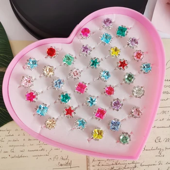 12/36PCS/set Adjustable Kids Crystal Rings Jewelry Heart Star Square Open Finger Ring For Children Girl Party Gift 1