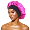 Women's Satin Solid Bonnets Wide-brimmed Night Sleeping Bathing Hat Unisex Head Wrap Elastic Band Cap Hair Care Bonnet - Rose Red