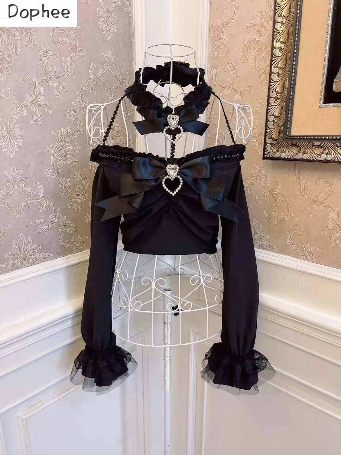 

Dophee Lolita Princess Shirts Women Rhinestone Love Patchwork Lace Flare Sleeve Blouses Midriff-baring Halter Neck Slim Crop Top