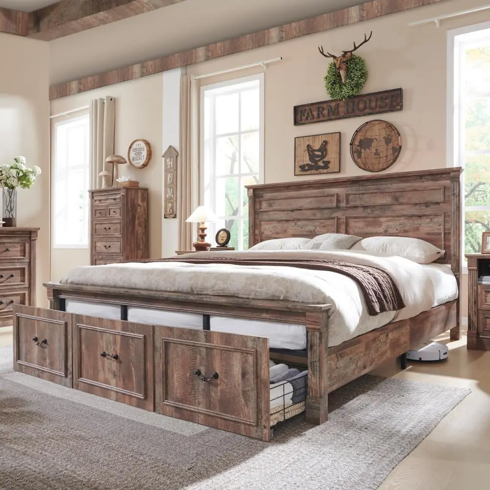 Farmhouse King Size Bed Frame with Roman Column Decoration,with 51" Tall Headboard, Wood Bed Frame with 20" Tall Footboard. 6