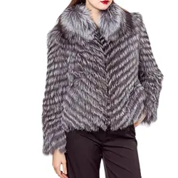 Real Natural Silver Fox Fur Crop Jacket Stripe Chinchilla Fur Coats 210728
