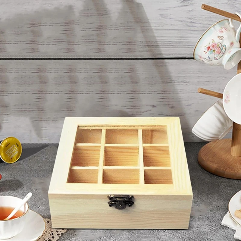 Tea Storage Box With 9 Compartments Transparent Glass Top Multifunctional Storage Box That Can Store Various Tea Bags Durable tea tin box,tea canister